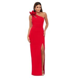 Xscape One Shoulder Flower Side Slit Long Dress